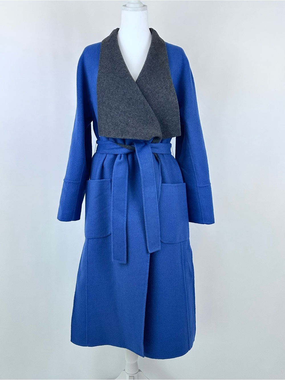 NWT M+C Studios Reversible Wool Wrap Coat Blue Gray Belted Size M
